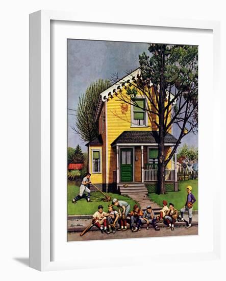 "Baseball Player Mowing the Lawn," July 20, 1946-Stevan Dohanos-Framed Giclee Print