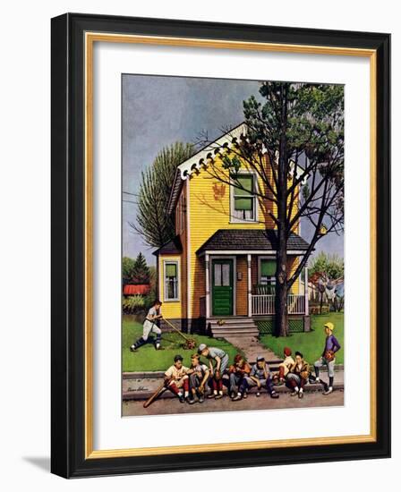 "Baseball Player Mowing the Lawn," July 20, 1946-Stevan Dohanos-Framed Giclee Print