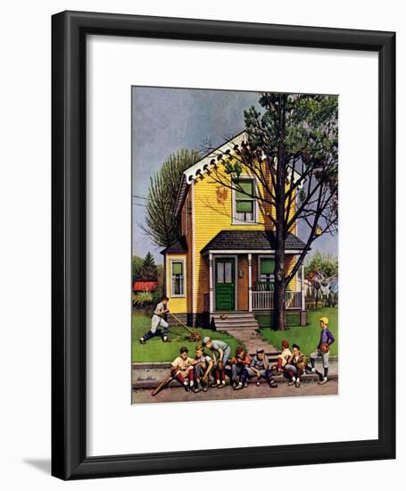 "Baseball Player Mowing the Lawn," July 20, 1946-Stevan Dohanos-Framed Giclee Print