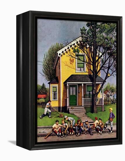 "Baseball Player Mowing the Lawn," July 20, 1946-Stevan Dohanos-Framed Premier Image Canvas