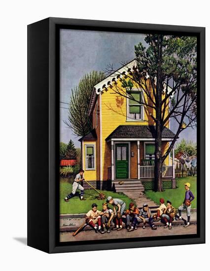 "Baseball Player Mowing the Lawn," July 20, 1946-Stevan Dohanos-Framed Premier Image Canvas