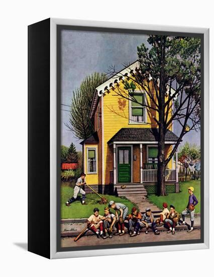 "Baseball Player Mowing the Lawn," July 20, 1946-Stevan Dohanos-Framed Premier Image Canvas