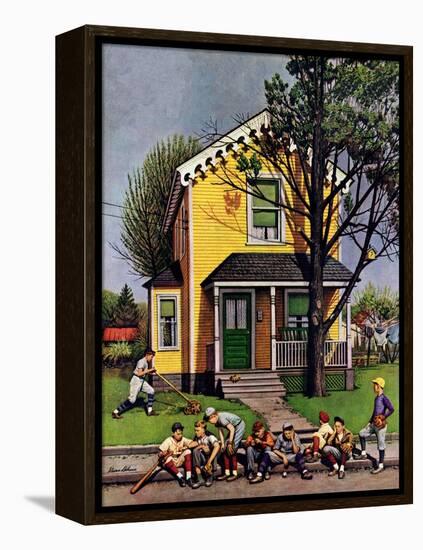 "Baseball Player Mowing the Lawn," July 20, 1946-Stevan Dohanos-Framed Premier Image Canvas