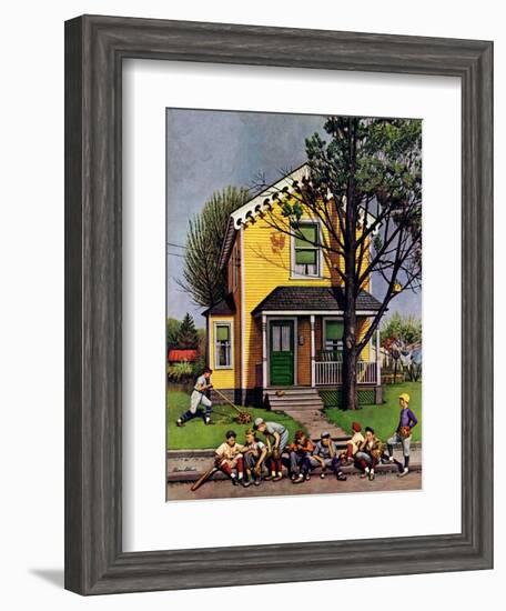 "Baseball Player Mowing the Lawn," July 20, 1946-Stevan Dohanos-Framed Giclee Print