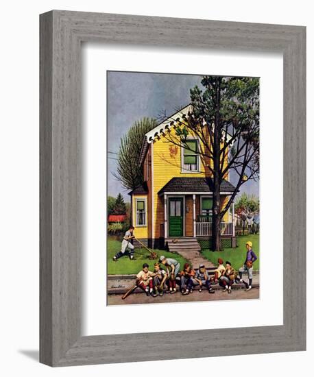 "Baseball Player Mowing the Lawn," July 20, 1946-Stevan Dohanos-Framed Giclee Print