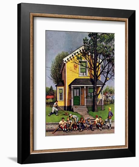 "Baseball Player Mowing the Lawn," July 20, 1946-Stevan Dohanos-Framed Giclee Print