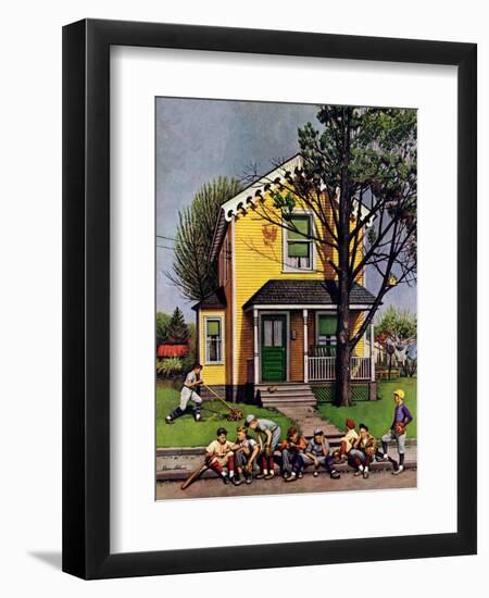 "Baseball Player Mowing the Lawn," July 20, 1946-Stevan Dohanos-Framed Giclee Print