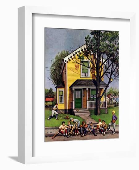 "Baseball Player Mowing the Lawn," July 20, 1946-Stevan Dohanos-Framed Giclee Print