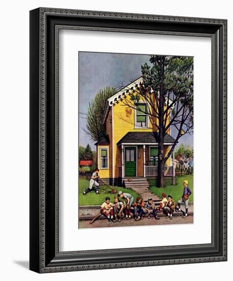 "Baseball Player Mowing the Lawn," July 20, 1946-Stevan Dohanos-Framed Giclee Print