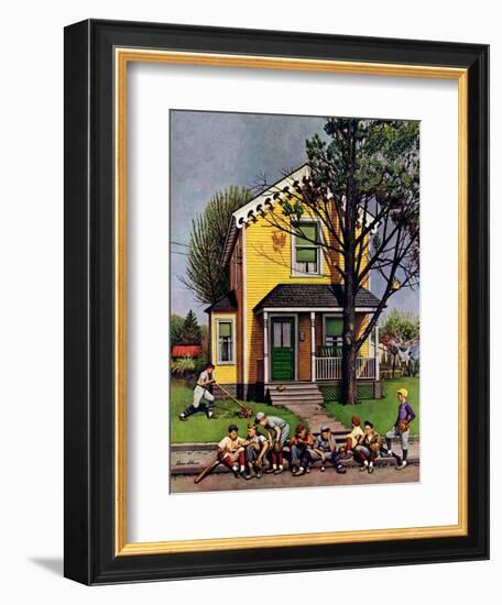 "Baseball Player Mowing the Lawn," July 20, 1946-Stevan Dohanos-Framed Giclee Print