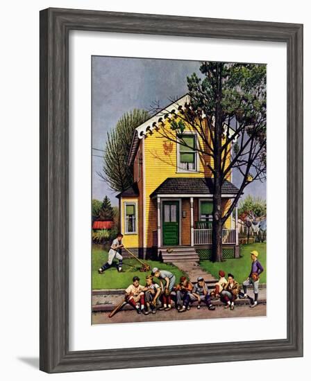 "Baseball Player Mowing the Lawn," July 20, 1946-Stevan Dohanos-Framed Premium Giclee Print