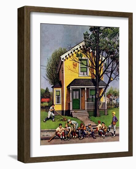 "Baseball Player Mowing the Lawn," July 20, 1946-Stevan Dohanos-Framed Premium Giclee Print