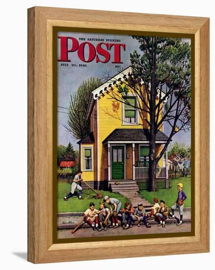 "Baseball Player Mowing the Lawn," Saturday Evening Post Cover, July 20, 1946-Stevan Dohanos-Framed Premier Image Canvas