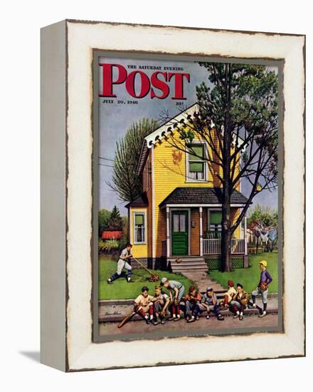 "Baseball Player Mowing the Lawn," Saturday Evening Post Cover, July 20, 1946-Stevan Dohanos-Framed Premier Image Canvas