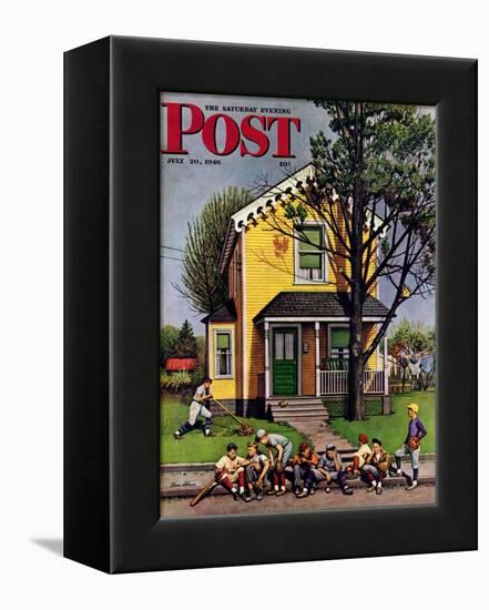 "Baseball Player Mowing the Lawn," Saturday Evening Post Cover, July 20, 1946-Stevan Dohanos-Framed Premier Image Canvas