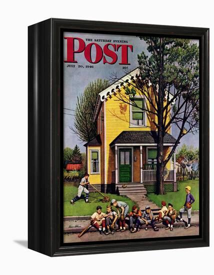 "Baseball Player Mowing the Lawn," Saturday Evening Post Cover, July 20, 1946-Stevan Dohanos-Framed Premier Image Canvas