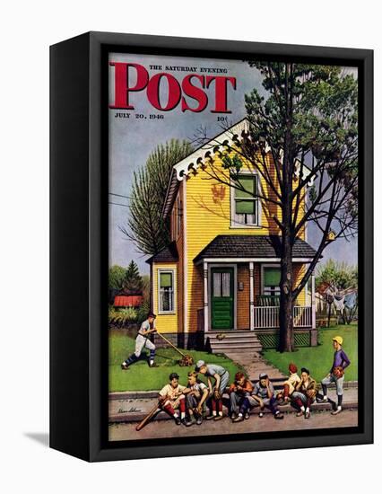 "Baseball Player Mowing the Lawn," Saturday Evening Post Cover, July 20, 1946-Stevan Dohanos-Framed Premier Image Canvas