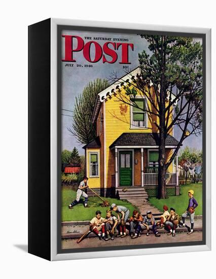 "Baseball Player Mowing the Lawn," Saturday Evening Post Cover, July 20, 1946-Stevan Dohanos-Framed Premier Image Canvas