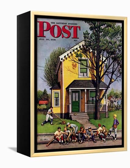 "Baseball Player Mowing the Lawn," Saturday Evening Post Cover, July 20, 1946-Stevan Dohanos-Framed Premier Image Canvas