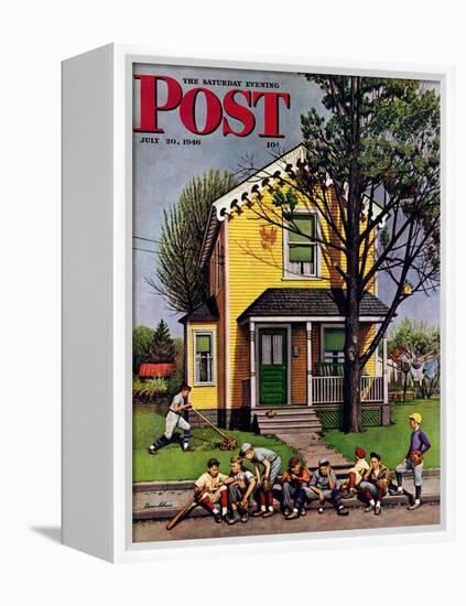 "Baseball Player Mowing the Lawn," Saturday Evening Post Cover, July 20, 1946-Stevan Dohanos-Framed Premier Image Canvas