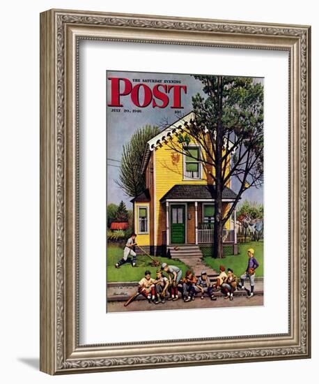 "Baseball Player Mowing the Lawn," Saturday Evening Post Cover, July 20, 1946-Stevan Dohanos-Framed Giclee Print