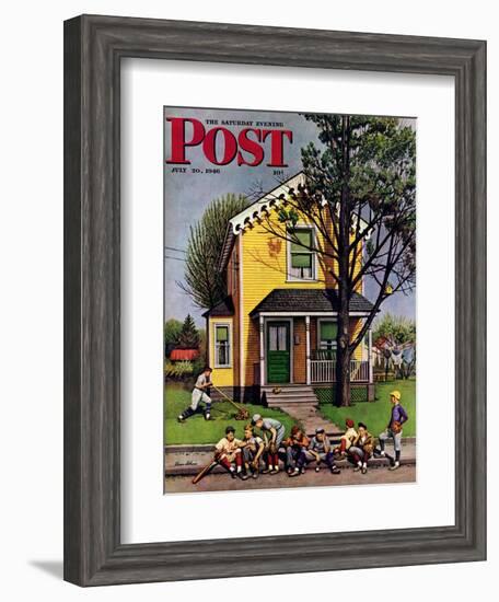 "Baseball Player Mowing the Lawn," Saturday Evening Post Cover, July 20, 1946-Stevan Dohanos-Framed Giclee Print