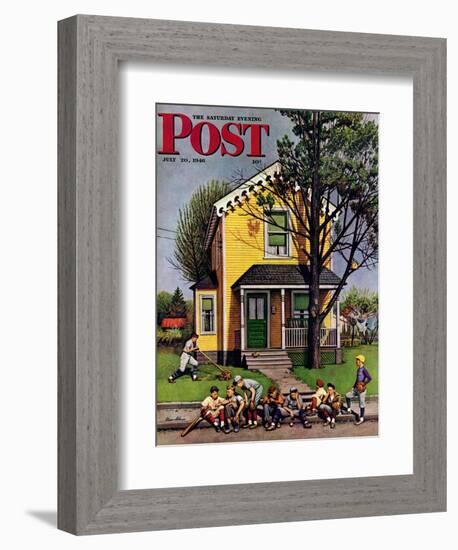 "Baseball Player Mowing the Lawn," Saturday Evening Post Cover, July 20, 1946-Stevan Dohanos-Framed Giclee Print