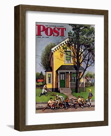 "Baseball Player Mowing the Lawn," Saturday Evening Post Cover, July 20, 1946-Stevan Dohanos-Framed Giclee Print