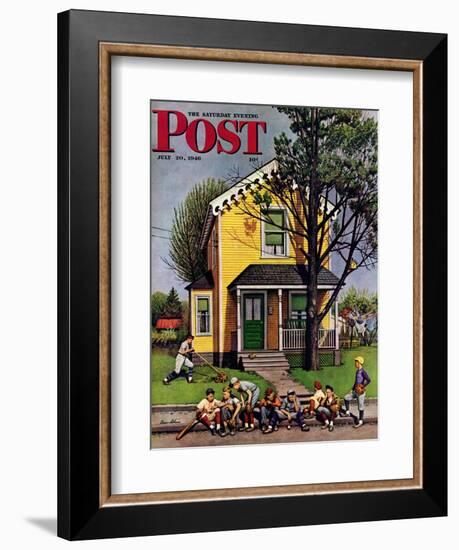 "Baseball Player Mowing the Lawn," Saturday Evening Post Cover, July 20, 1946-Stevan Dohanos-Framed Giclee Print