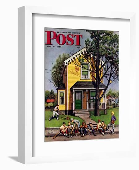 "Baseball Player Mowing the Lawn," Saturday Evening Post Cover, July 20, 1946-Stevan Dohanos-Framed Giclee Print