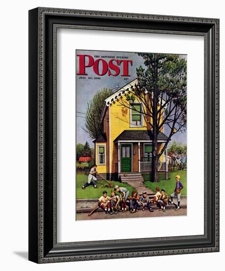 "Baseball Player Mowing the Lawn," Saturday Evening Post Cover, July 20, 1946-Stevan Dohanos-Framed Giclee Print