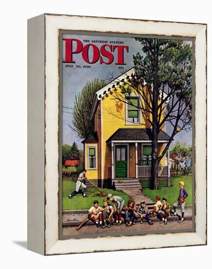 "Baseball Player Mowing the Lawn," Saturday Evening Post Cover, July 20, 1946-Stevan Dohanos-Framed Premier Image Canvas