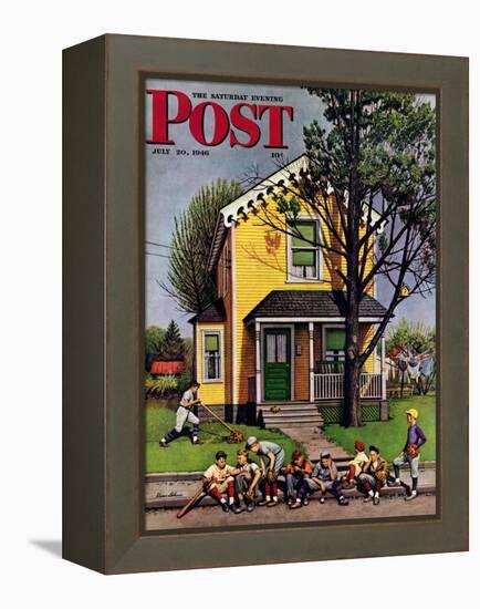 "Baseball Player Mowing the Lawn," Saturday Evening Post Cover, July 20, 1946-Stevan Dohanos-Framed Premier Image Canvas