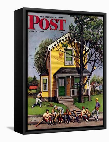 "Baseball Player Mowing the Lawn," Saturday Evening Post Cover, July 20, 1946-Stevan Dohanos-Framed Premier Image Canvas