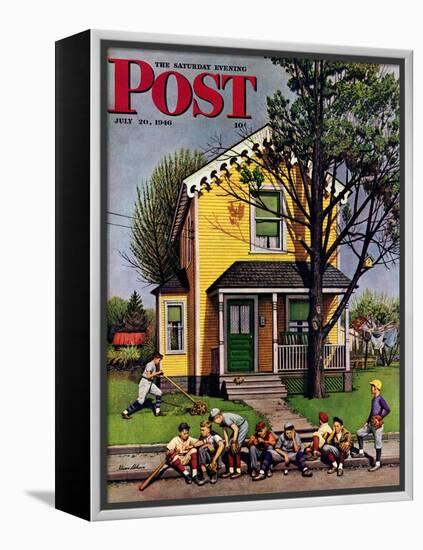 "Baseball Player Mowing the Lawn," Saturday Evening Post Cover, July 20, 1946-Stevan Dohanos-Framed Premier Image Canvas