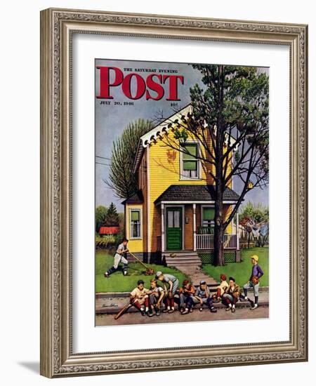 "Baseball Player Mowing the Lawn," Saturday Evening Post Cover, July 20, 1946-Stevan Dohanos-Framed Giclee Print