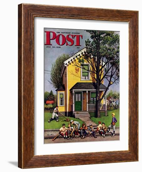 "Baseball Player Mowing the Lawn," Saturday Evening Post Cover, July 20, 1946-Stevan Dohanos-Framed Giclee Print