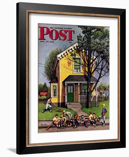 "Baseball Player Mowing the Lawn," Saturday Evening Post Cover, July 20, 1946-Stevan Dohanos-Framed Giclee Print