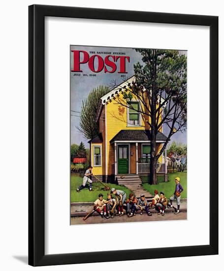 "Baseball Player Mowing the Lawn," Saturday Evening Post Cover, July 20, 1946-Stevan Dohanos-Framed Giclee Print