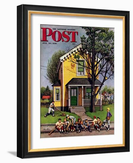 "Baseball Player Mowing the Lawn," Saturday Evening Post Cover, July 20, 1946-Stevan Dohanos-Framed Giclee Print