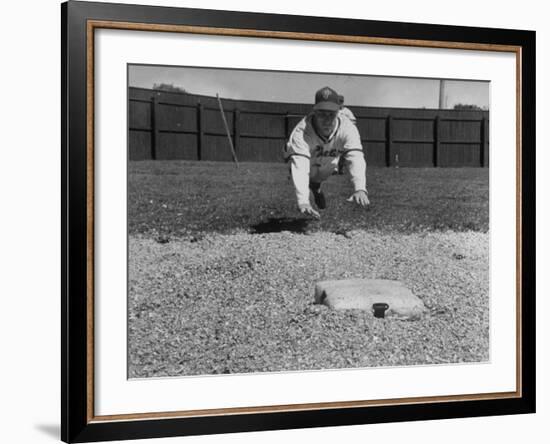 Baseball Player Richie Ashburn Making a Belly-Whopper Slide into Base During Practice-Ralph Morse-Framed Premium Photographic Print