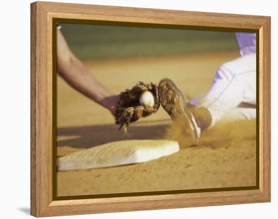 Baseball Player Sliding at a Base, and a Gloved Hand Holding a Ball-null-Framed Premier Image Canvas