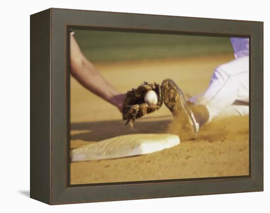 Baseball Player Sliding at a Base, and a Gloved Hand Holding a Ball-null-Framed Premier Image Canvas