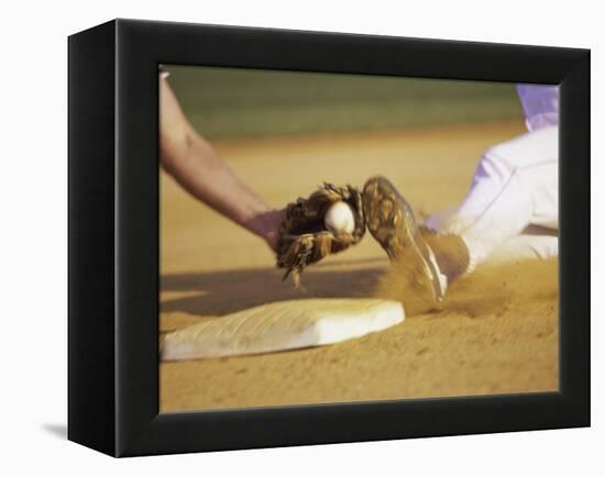 Baseball Player Sliding at a Base, and a Gloved Hand Holding a Ball-null-Framed Premier Image Canvas