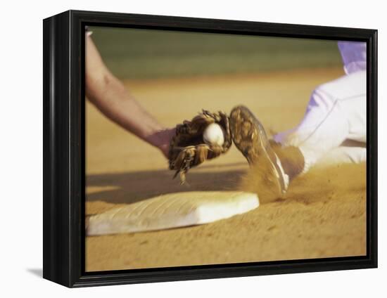 Baseball Player Sliding at a Base, and a Gloved Hand Holding a Ball-null-Framed Premier Image Canvas