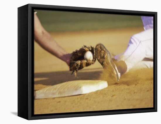 Baseball Player Sliding at a Base, and a Gloved Hand Holding a Ball-null-Framed Premier Image Canvas