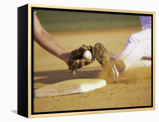 Baseball Player Sliding at a Base, and a Gloved Hand Holding a Ball-null-Framed Premier Image Canvas