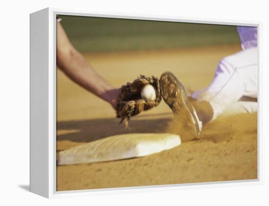 Baseball Player Sliding at a Base, and a Gloved Hand Holding a Ball-null-Framed Premier Image Canvas