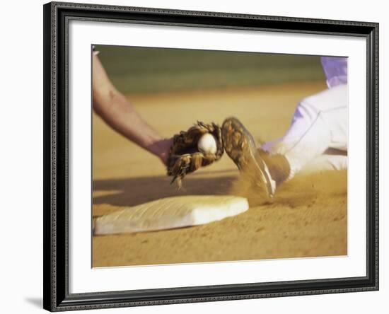 Baseball Player Sliding at a Base, and a Gloved Hand Holding a Ball-null-Framed Photographic Print