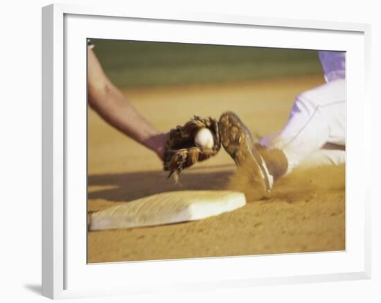 Baseball Player Sliding at a Base, and a Gloved Hand Holding a Ball-null-Framed Photographic Print